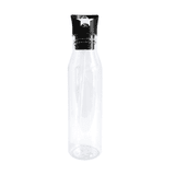 A drink bottle made of clear plastic with a black lid and spout, featuring a sleek, minimalist design.