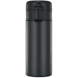 A drink bottle in matte black with a flip-top lid and a built-in handle. Features a logo on the surface.