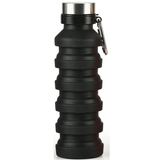 A drink bottle in black with a textured design and metallic cap, featuring a carabiner for attachment.