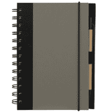 A grey and black spiral notebook featuring a pen holder and a branded logo.