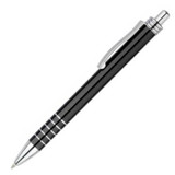 A black metal pen with silver accents and a clip, featuring a sleek design and a branding logo.