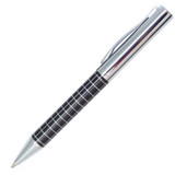 A metal pen with a black textured grip and a shiny silver clip, featuring a logo on the barrel.