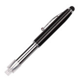 A metal pen in black with a silver clip and a transparent tip, featuring a logo.