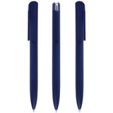 A set of navy blue metal pens displayed from three different angles. Each pen features a clip and sleek design.