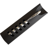 A sleek black pen pouch with cut-out slots, containing a silver pen. The pouch features a simple design and a brand logo.