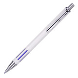 A metal pen in white with blue accents and chrome details, featuring a logo.