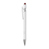 A metal pen in white and silver, featuring a branding logo and a stylus tip.