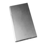 A sleek, silver power bank with a slim design featuring a branding logo.