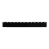 A black ruler featuring measurement markings along one edge and a logo on the surface.