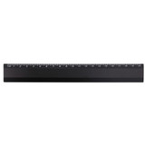 A black ruler with measurement markings, featuring a logo on one side.