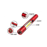 A red torch with a magnet, clip, switch, and a COB light section. Features a one-watt bulb.
