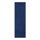 A navy blue gym towel with a textured surface and a border at one end, featuring a logo.
