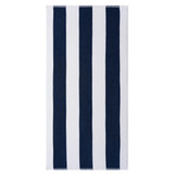 A navy and white striped blanket featuring thick vertical stripes. The product includes a logo.