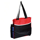 A tote bag in red and black with a side pocket holding a blue drink bottle. The bag features black straps.