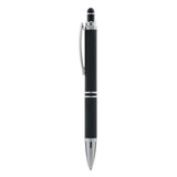 A black pen with a silver clip and tip, featuring a sleek design and a stylus at the top.