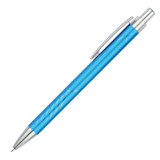 A blue aluminium pen with a silver clip and tip, featuring a twist mechanism and a smooth finish.
