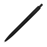 A black plastic pen with a sleek design and a logo on the barrel.