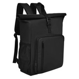 A black backpack with a roll-top design, featuring a front zipper pocket and side mesh panel. It has adjustable straps and a logo.