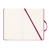 A textured red PU hard cover notebook with lined pages and a ribbon bookmark. It features a matching strap and branding.