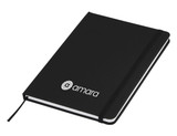 A black A5 notebook with a ribbon bookmark and an elastic band, featuring a logo on the front cover.