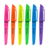 A set of highlighter pens in pink, orange, green, blue, and purple with a branding logo on each.