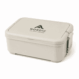 A cream-coloured lunchbox with a logo, featuring a secure locking lid and sturdy design.