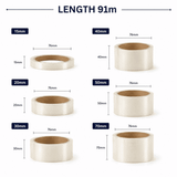 Transparent packaging tape in various widths, including 15mm, 20mm, 30mm, 40mm, 50mm, and 70mm, all 91m long.