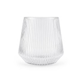 A clear, fluted glass tumbler with a rounded base and tapered top. The design features vertical lines.
