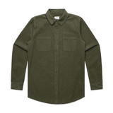 A button-up shirt in a dark olive green colour featuring a collar and two front pockets.