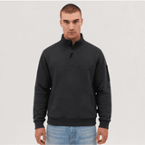 A fleece 1/4 zip pullover in black, featuring a high collar and a left sleeve logo.