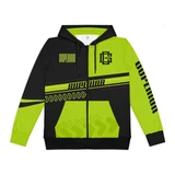 A black and neon green custom men's active zipped hoodie with a logo and graphic design elements.