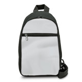 A black crossbody bag with a grey front, featuring a zippered pocket and an adjustable strap.