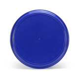 A round serving tray in vibrant blue, featuring a smooth surface and a central dot, with a logo present.