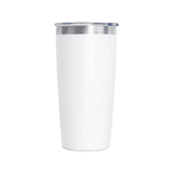 A drink bottle in white with a silver lid and a logo, featuring a sleek and modern design.