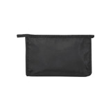 A black toiletry pouch made from RPET material, featuring a zip closure and a branded logo.