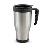 A stainless steel travel mug with a black lid and handle, featuring a curved design and a logo.