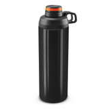 A drink bottle in sleek black with an orange accent and a handle, featuring a lid and branding.