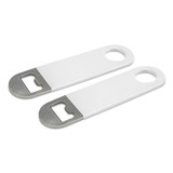 A drink bottle opener set featuring two small white openers with a stainless steel end for easy bottle opening.