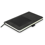 A dark green notebook with a textured cover, featuring an elastic band and a built-in bookmark.