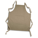 A khaki apron with a front pocket and adjustable ties, featuring a logo on the front.