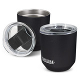 A drink bottle featuring a black exterior and clear lid, with a stainless steel interior. Includes a logo.