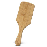 A bamboo hair brush with a smooth, light brown surface and a rounded handle. Features a logo.