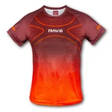 A custom women's performance t-shirt in shades of brown and orange, featuring a honeycomb pattern and a logo.