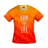 A vibrant orange and yellow women's V-neck performance T-shirt featuring a graphic design and logo.