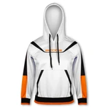 A white hoodie featuring black and orange details, with a front pocket and a branded logo.