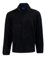 A black adult's half zip polar fleece pullover with long sleeves and a zippered neck, featuring a logo.
