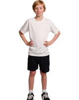 Kids cooldry sports shorts in black, paired with a white sports t-shirt. The outfit is modelled by a young boy.