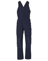 A navy blue men's overall featuring adjustable straps, multiple pockets, and a branded logo.