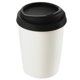 A ceramic mug in white with a black silicone lid. It features a logo on the side.