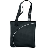 A black tote bag with curved white accents and an attached loop for holding pens. It features a sturdy shoulder strap.